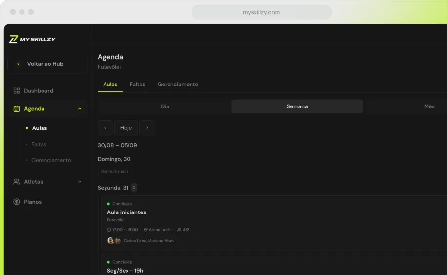 Painel de agenda do sistema de gestão My Skillzy com aulas, presença e turmas organizadas