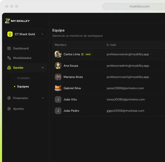 Painel de gestão de equipe da My Skillzy com professores e permissões