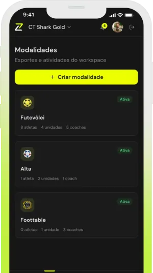 App da My Skillzy mostrando a lista de modalidades esportivas