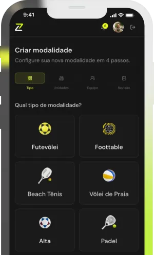 App da My Skillzy mostrando a criação de uma nova modalidade esportiva