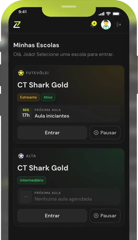 App da My Skillzy mostrando a tela de seleção de escolas do aluno
