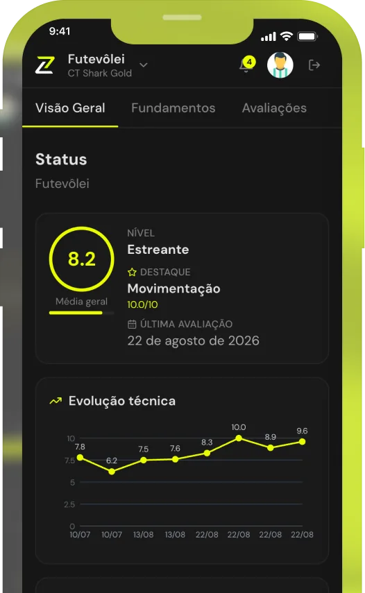 App da My Skillzy mostrando o status e a evolução técnica do aluno
