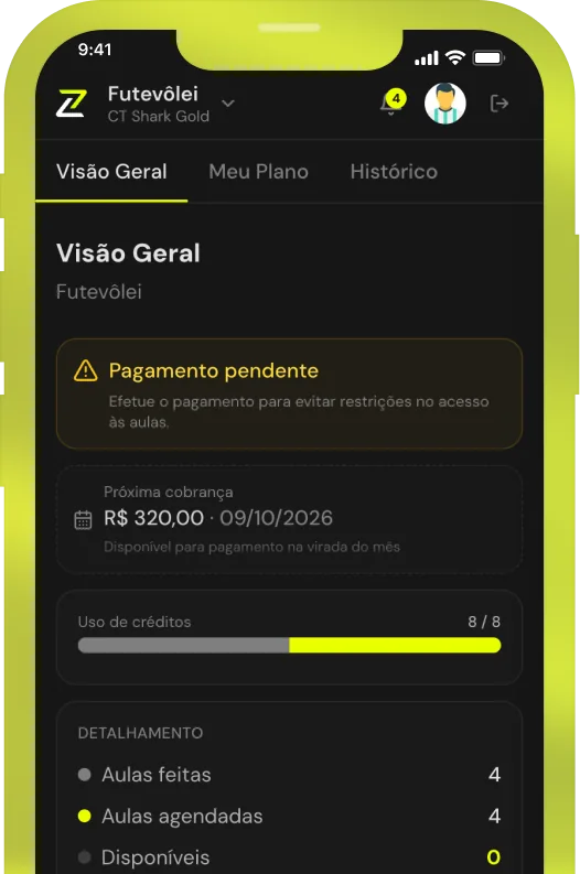 App da My Skillzy mostrando a visão geral do aluno com pagamento pendente